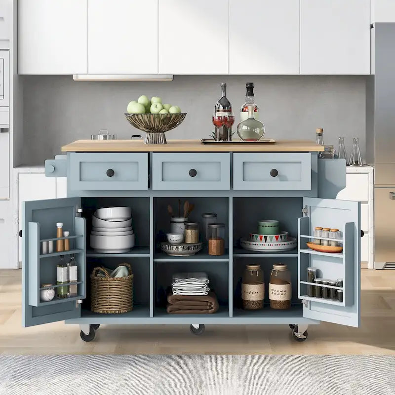 Rolling Kitchen Cart with Drop-Leaf Countertop – Black / Blue / White, 1-Person Use