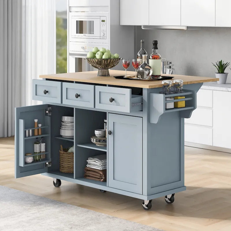 Rolling Kitchen Cart with Drop-Leaf Countertop – Black / Blue / White, 1-Person Use