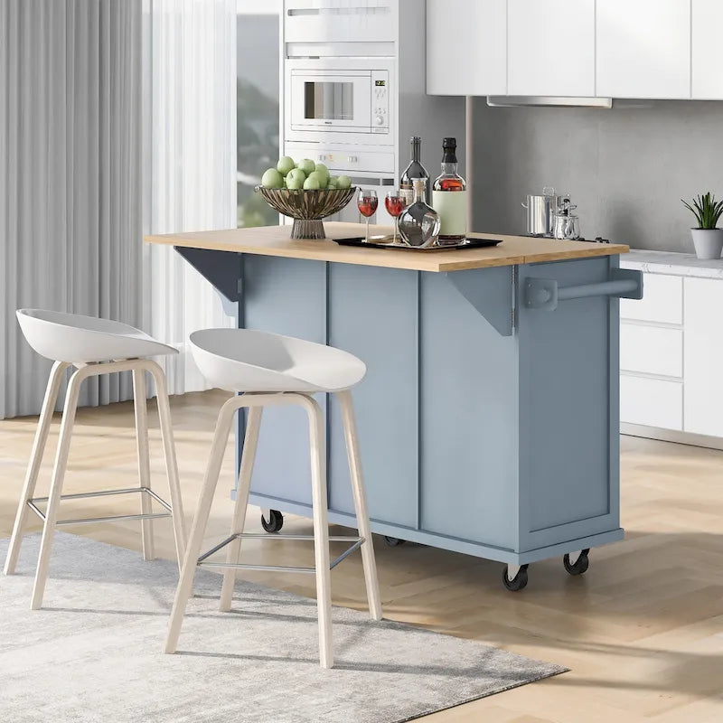Rolling Kitchen Cart with Drop-Leaf Countertop – Black / Blue / White, 1-Person Use