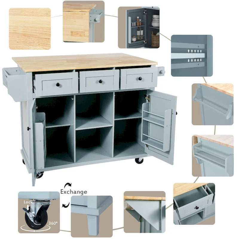 Rolling Kitchen Cart with Drop-Leaf Countertop – Black / Blue / White, 1-Person Use