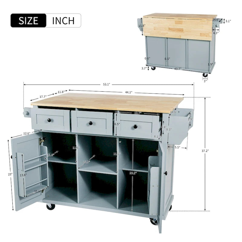 Rolling Kitchen Cart with Drop-Leaf Countertop – Black / Blue / White, 1-Person Use