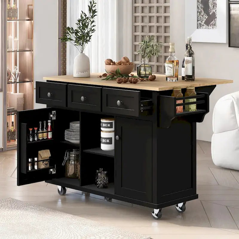 Rolling Kitchen Cart with Drop-Leaf Countertop – Black / Blue / White, 1-Person Use