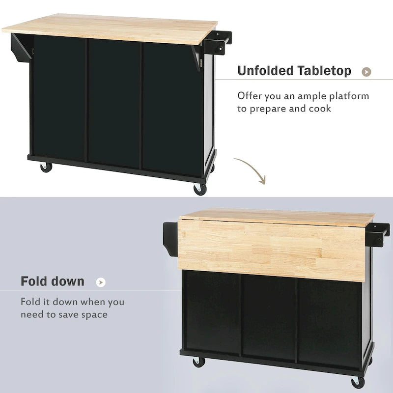 Rolling Kitchen Cart with Drop-Leaf Countertop – Black / Blue / White, 1-Person Use