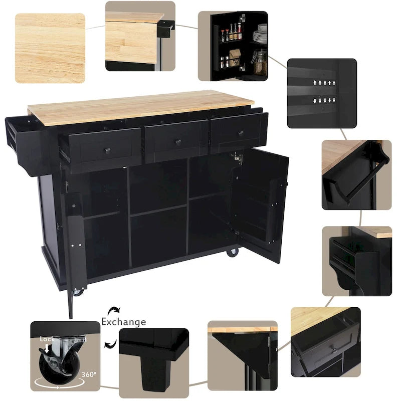 Rolling Kitchen Cart with Drop-Leaf Countertop – Black / Blue / White, 1-Person Use