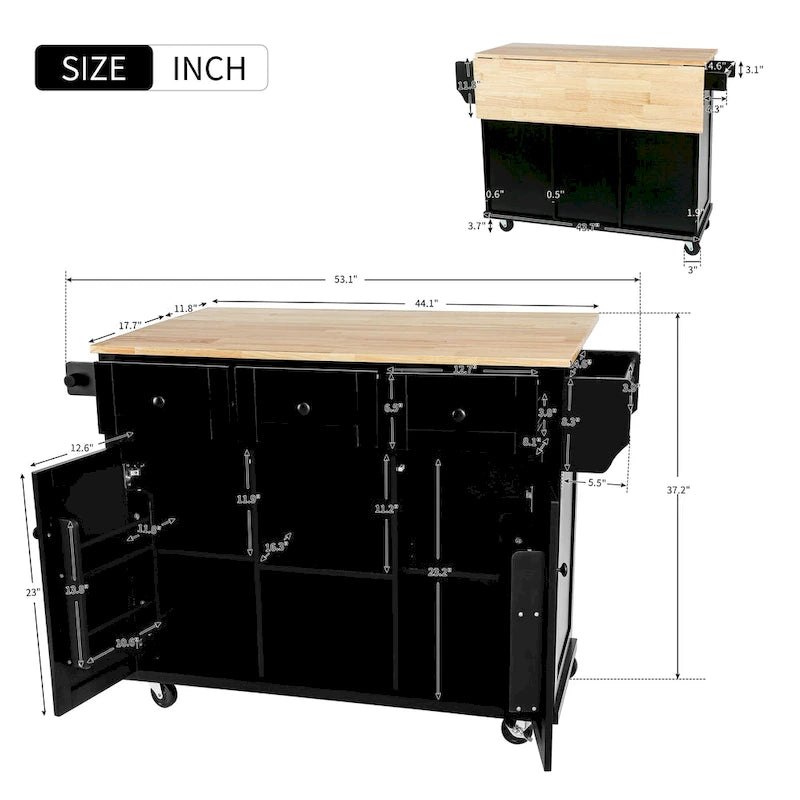 Rolling Kitchen Cart with Drop-Leaf Countertop – Black / Blue / White, 1-Person Use