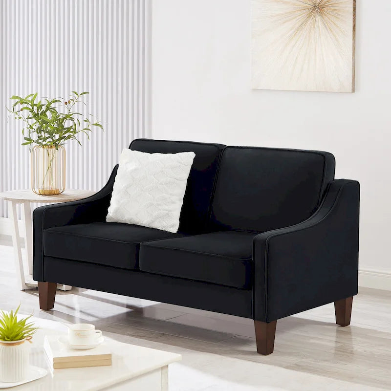Modern Velvet Loveseat Sofa with Wooden Legs – Taupe / Black / Navy, 2-Person Use