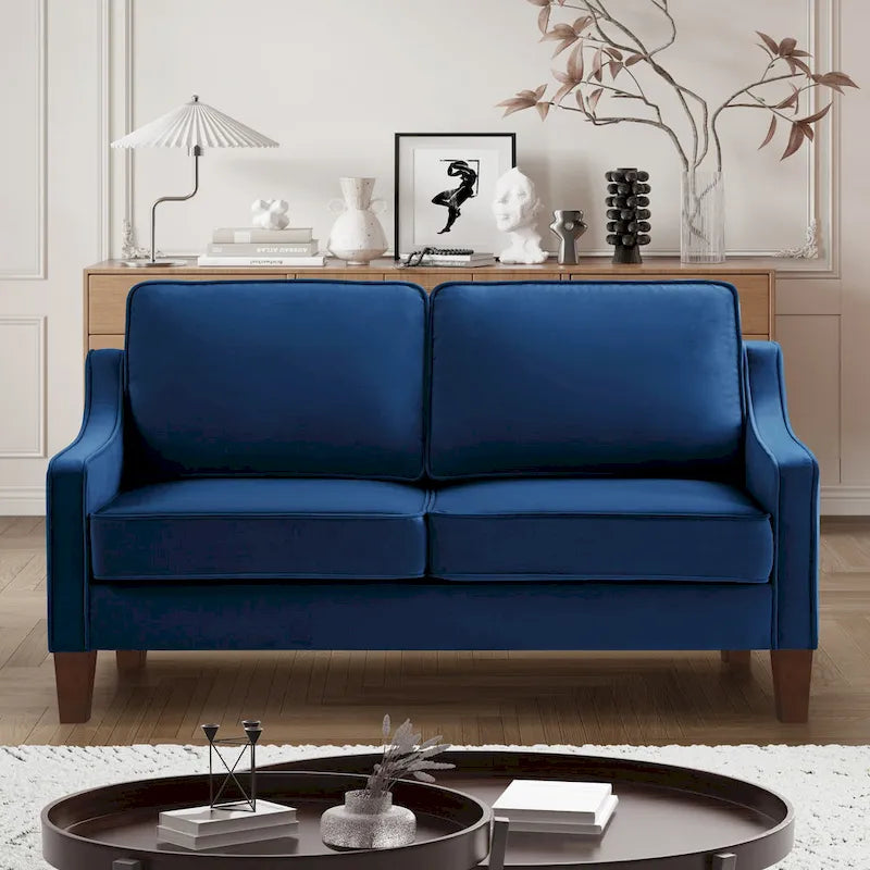 Modern Velvet Loveseat Sofa with Wooden Legs – Taupe / Black / Navy, 2-Person Use