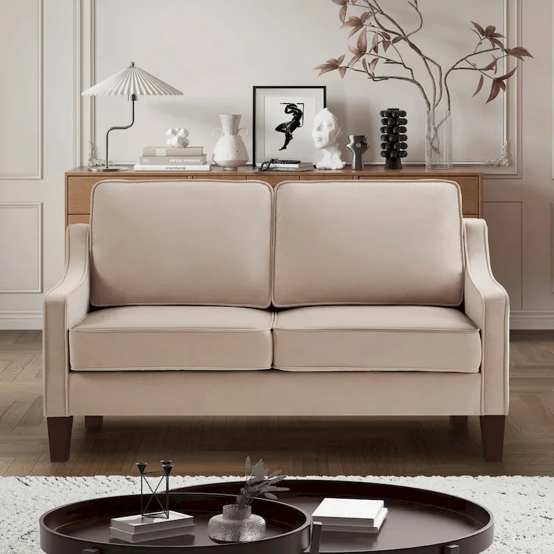 Modern Velvet Loveseat Sofa with Wooden Legs – Taupe / Black / Navy, 2-Person Use