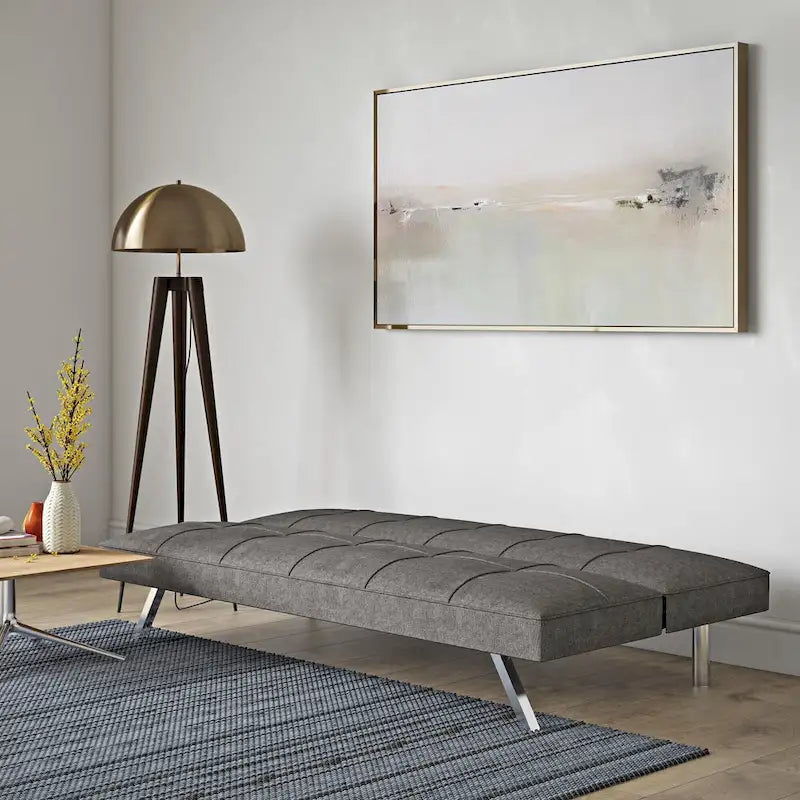 Metal Frame Linen Futon Sofa Bed with Reclining Backrest – Grey, 1-Person Use