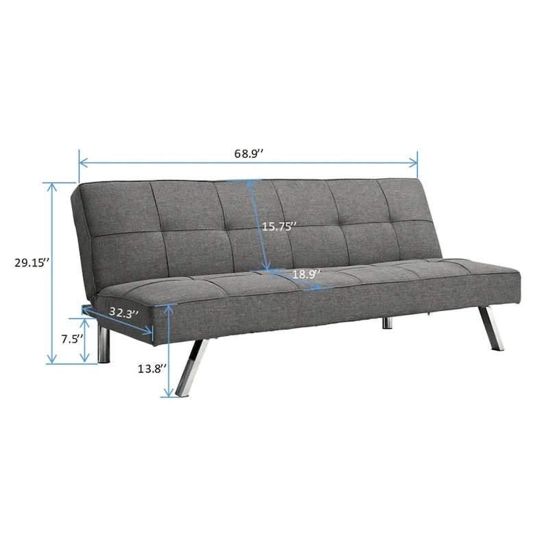 Metal Frame Linen Futon Sofa Bed with Reclining Backrest – Grey, 1-Person Use