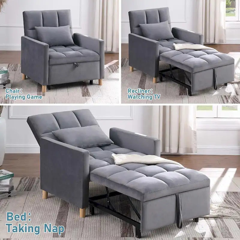 3-in-1 Convertible Sleeper Chair with Adjustable Backrest and Wheels – Grey / Multi-color / Black / Beige, 1-Person Use