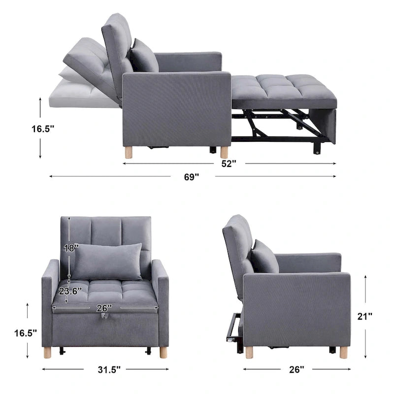 3-in-1 Convertible Sleeper Chair with Adjustable Backrest and Wheels – Grey / Multi-color / Black / Beige, 1-Person Use
