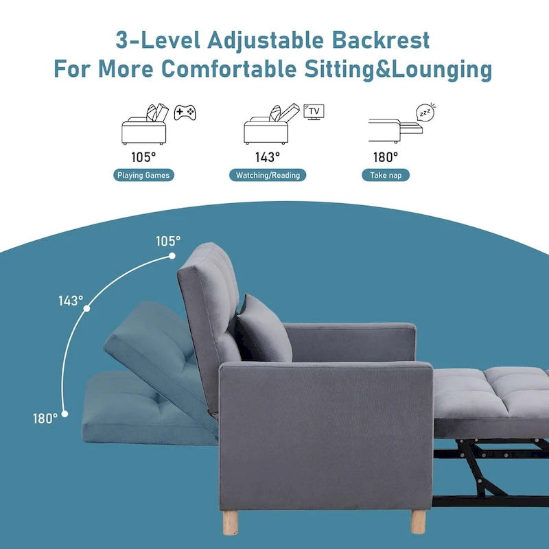 3-in-1 Convertible Sleeper Chair with Adjustable Backrest and Wheels – Grey / Multi-color / Black / Beige, 1-Person Use