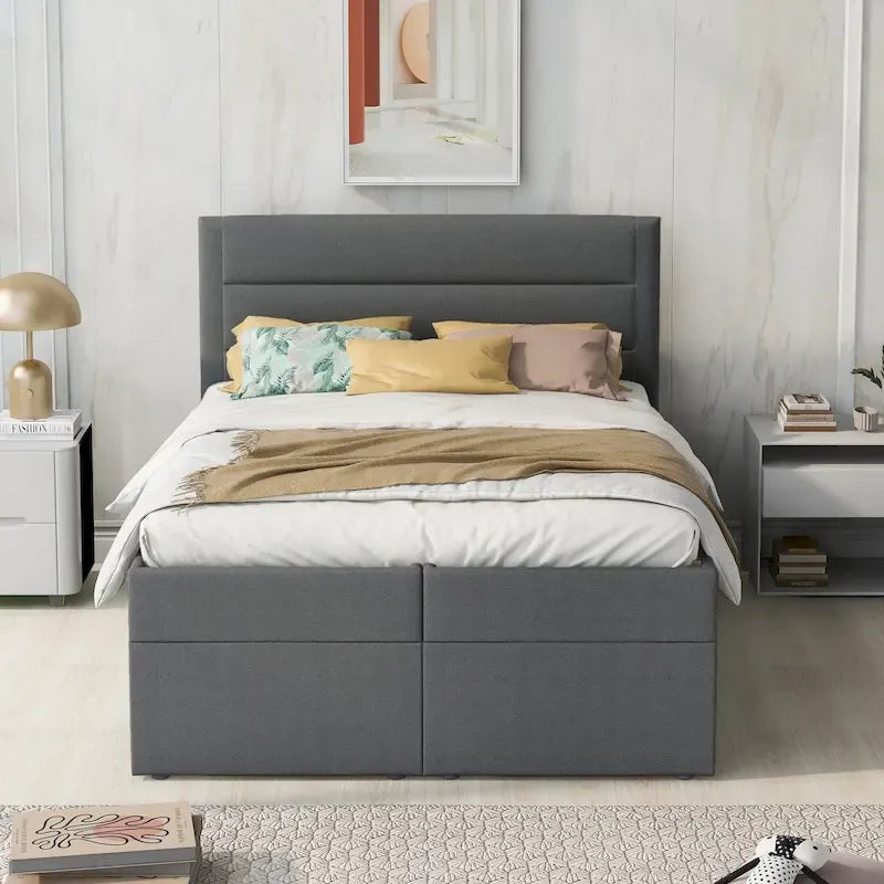 Full-Size Linen Upholstered Platform Bed with Hydraulic Under-Bed Storage – Beige / Grey, 2-Person Use