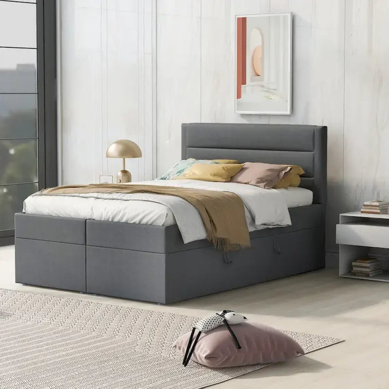 Full-Size Linen Upholstered Platform Bed with Hydraulic Under-Bed Storage – Beige / Grey, 2-Person Use