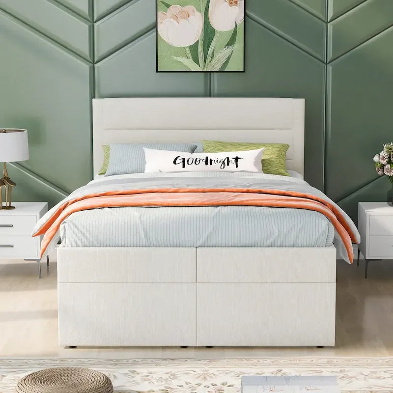 Full-Size Linen Upholstered Platform Bed with Hydraulic Under-Bed Storage – Beige / Grey, 2-Person Use