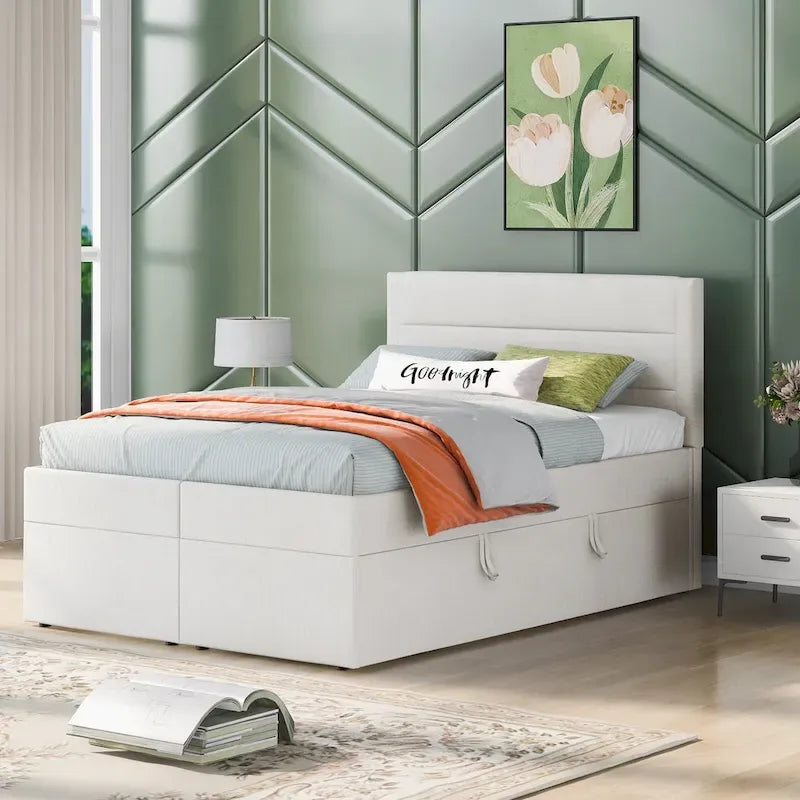 Full-Size Linen Upholstered Platform Bed with Hydraulic Under-Bed Storage – Beige / Grey, 2-Person Use