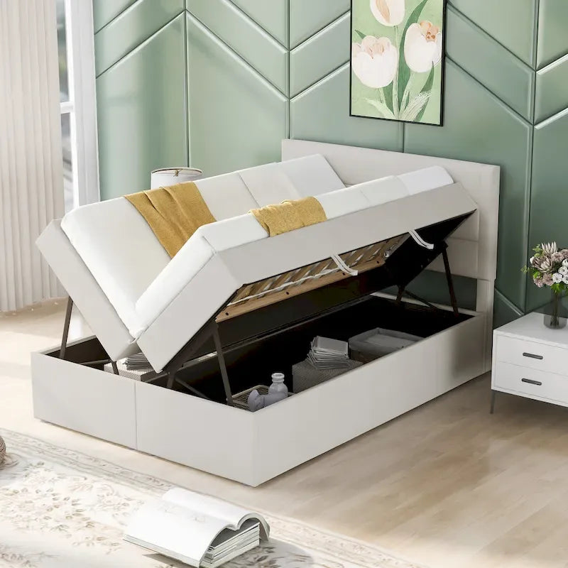 Full-Size Linen Upholstered Platform Bed with Hydraulic Under-Bed Storage – Beige / Grey, 2-Person Use