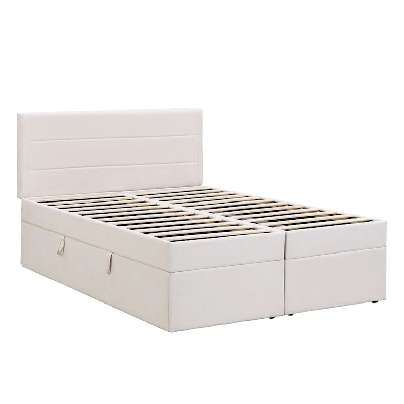 Full-Size Linen Upholstered Platform Bed with Hydraulic Under-Bed Storage – Beige / Grey, 2-Person Use