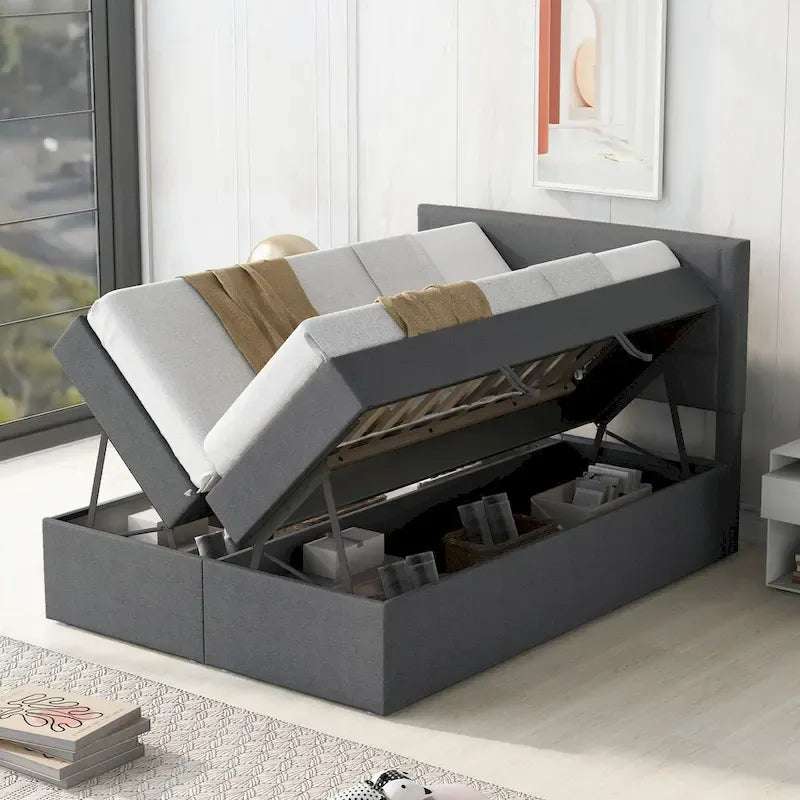 Full-Size Linen Upholstered Platform Bed with Hydraulic Under-Bed Storage – Beige / Grey, 2-Person Use