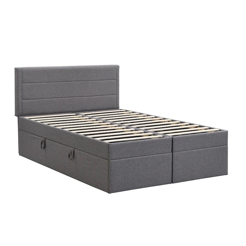 Full-Size Linen Upholstered Platform Bed with Hydraulic Under-Bed Storage – Beige / Grey, 2-Person Use