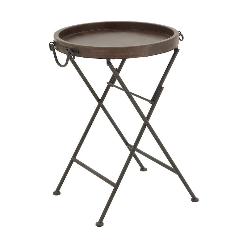 Foldable X-Frame Metal Accent Table with Round Tray Top and Wood Finish – Black, 1-Unit