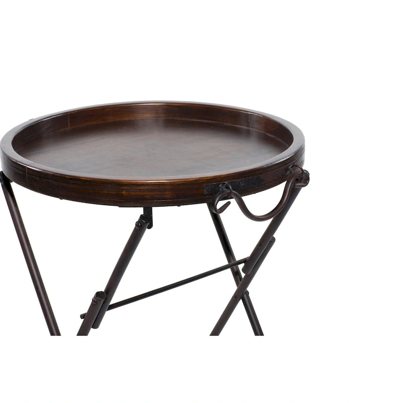Foldable X-Frame Metal Accent Table with Round Tray Top and Wood Finish – Black, 1-Unit