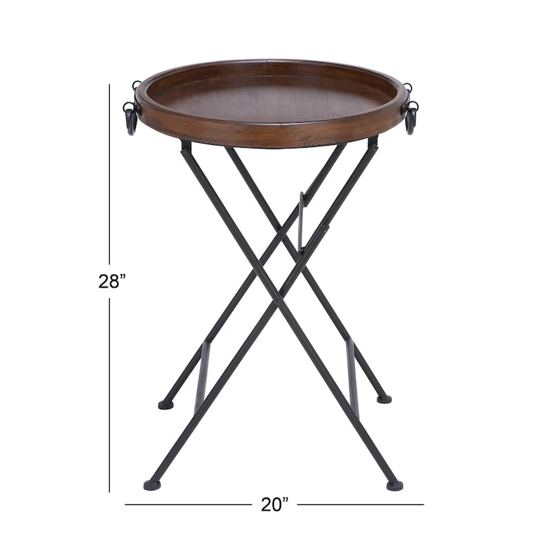 Foldable X-Frame Metal Accent Table with Round Tray Top and Wood Finish – Black, 1-Unit