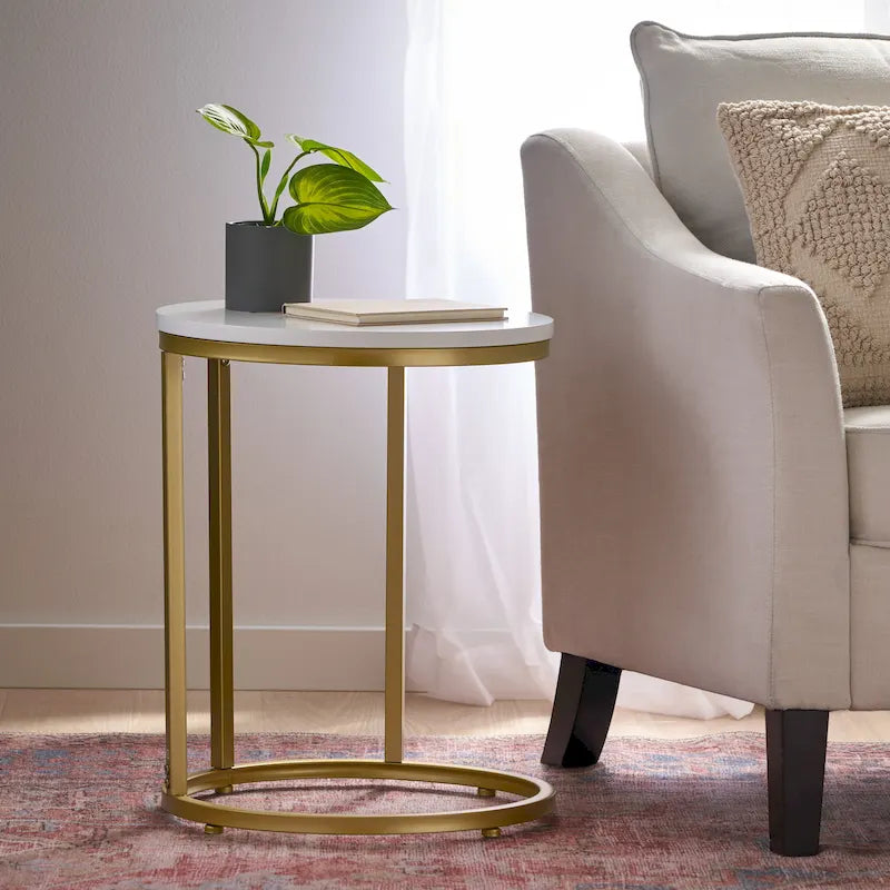 C-Shape Iron End Table with Faux Wood Top – White + Gold, 1-Unit