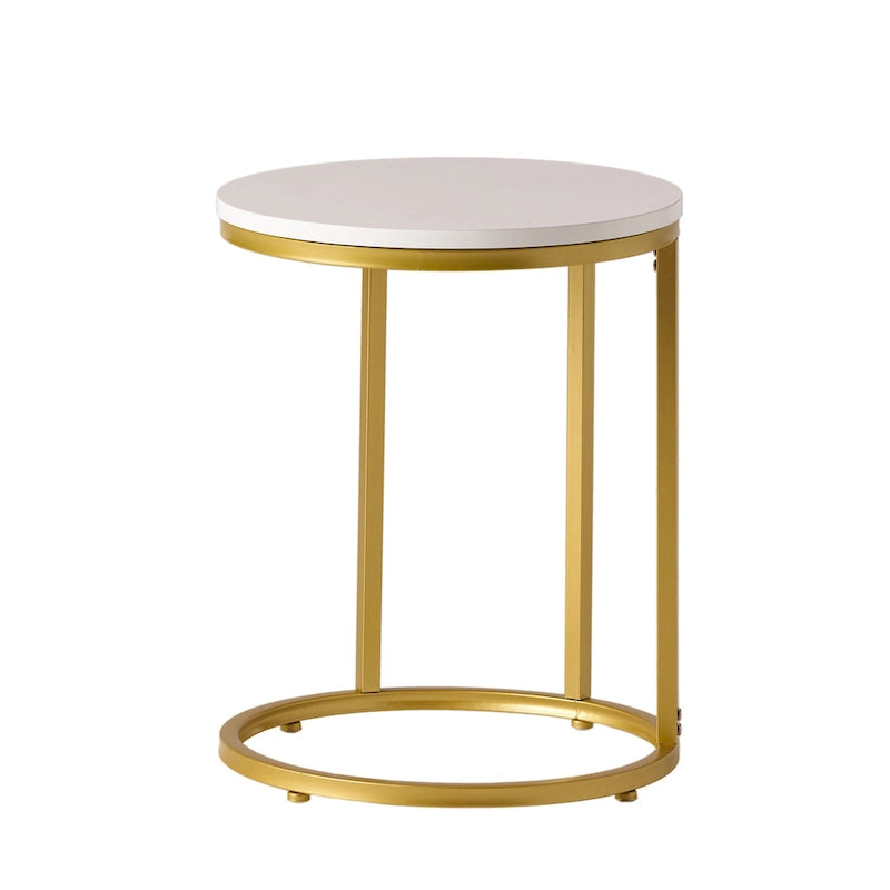 C-Shape Iron End Table with Faux Wood Top – White + Gold, 1-Unit