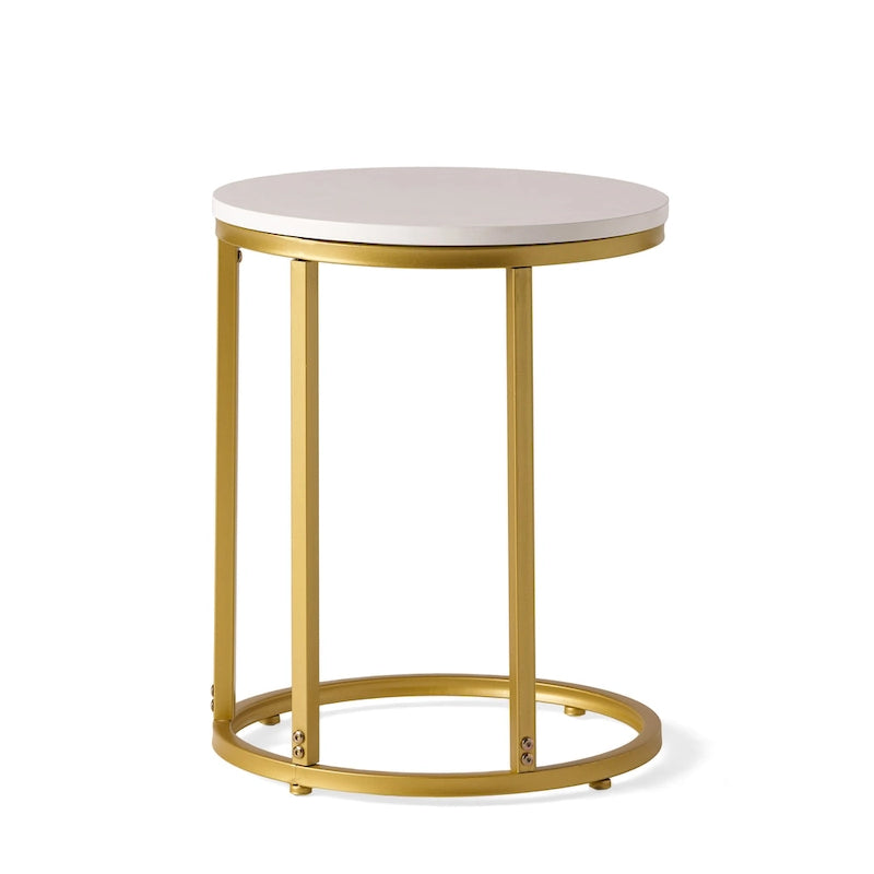 C-Shape Iron End Table with Faux Wood Top – White + Gold, 1-Unit