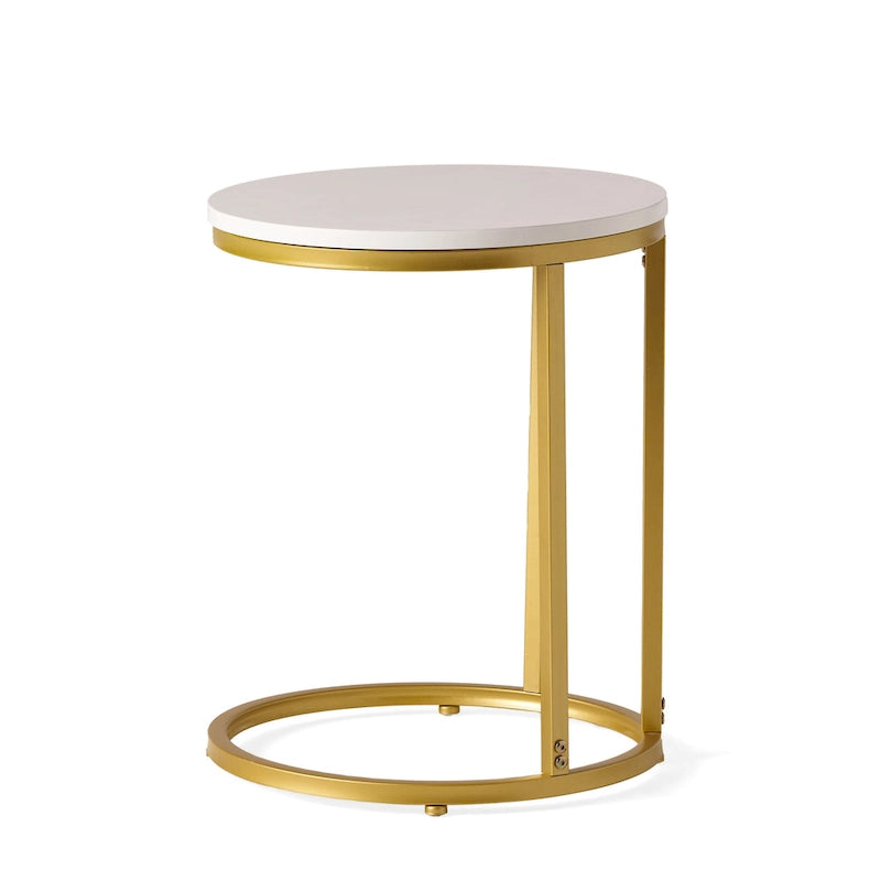 C-Shape Iron End Table with Faux Wood Top – White + Gold, 1-Unit
