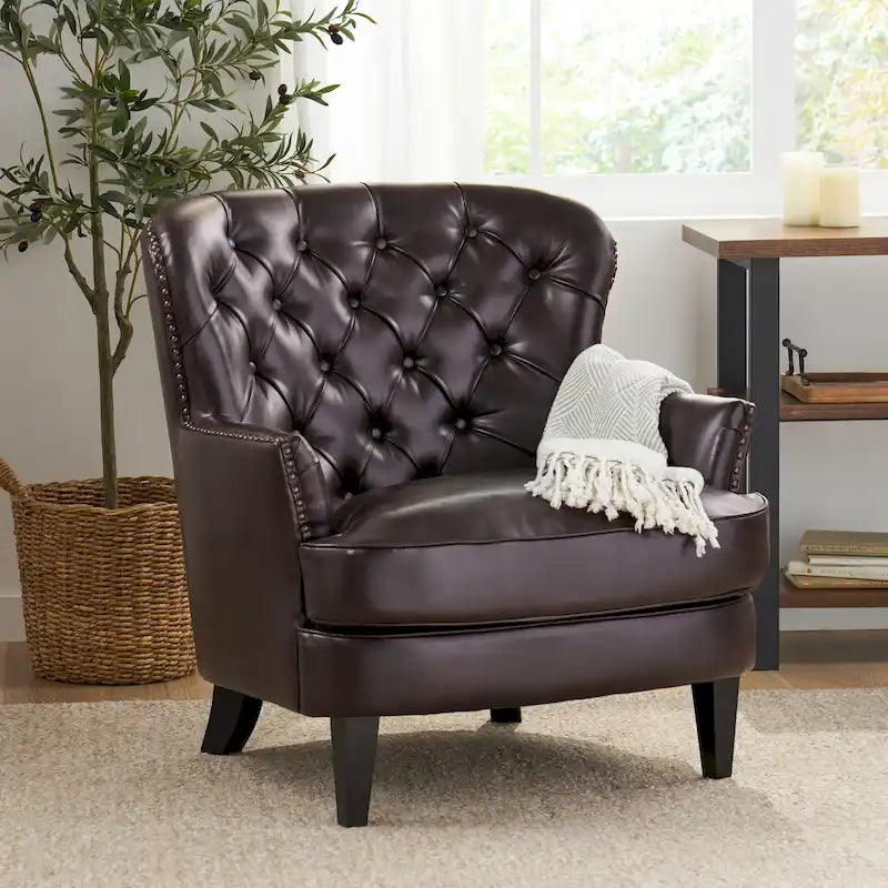 Oversized Bonded Leather Tufted Club Chair – Espresso, 1-Person Use