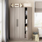 3-Door Wooden Wardrobe Armoire with 6 Storage Cubes and Hanging Rod – White / Grey Wood, 1-Unit