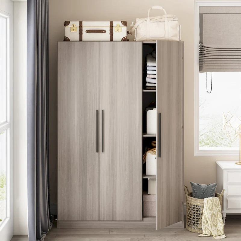 3-Door Wooden Wardrobe Armoire with 6 Storage Cubes and Hanging Rod – White / Grey Wood, 1-Unit