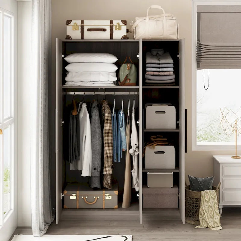 3-Door Wooden Wardrobe Armoire with 6 Storage Cubes and Hanging Rod – White / Grey Wood, 1-Unit