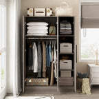 3-Door Wooden Wardrobe Armoire with 6 Storage Cubes and Hanging Rod – White / Grey Wood, 1-Unit