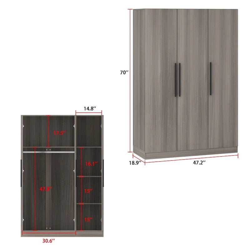 3-Door Wooden Wardrobe Armoire with 6 Storage Cubes and Hanging Rod – White / Grey Wood, 1-Unit