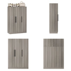 3-Door Wooden Wardrobe Armoire with 6 Storage Cubes and Hanging Rod – White / Grey Wood, 1-Unit