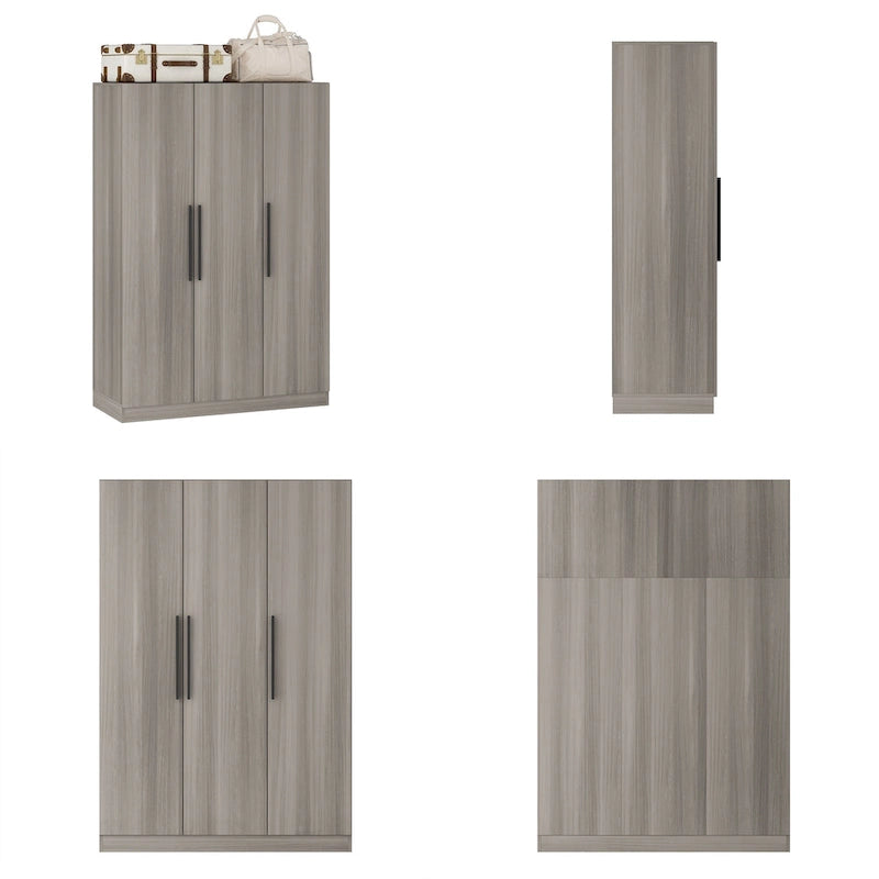 3-Door Wooden Wardrobe Armoire with 6 Storage Cubes and Hanging Rod – White / Grey Wood, 1-Unit