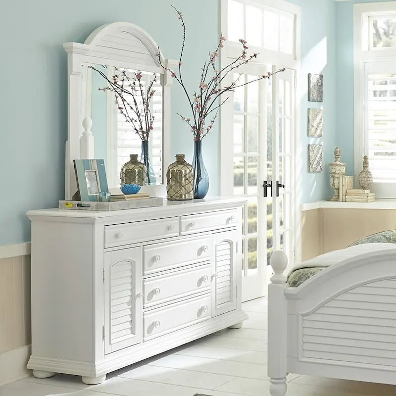 2-Door 5-Drawer Dresser with Louvered Panels and Wooden Knobs – Oyster White, 1-Unit