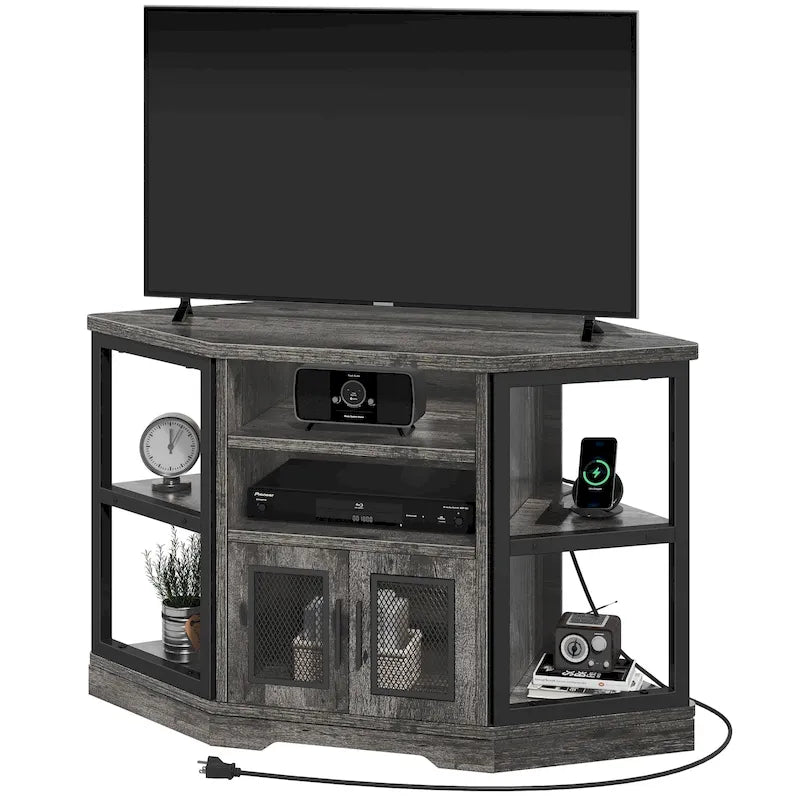 Farmhouse Corner TV Stand with Power Outlets, USB Ports and Mesh Soft-Close Doors – Grey Oak, Fits TVs up to 55", 1-Person Use