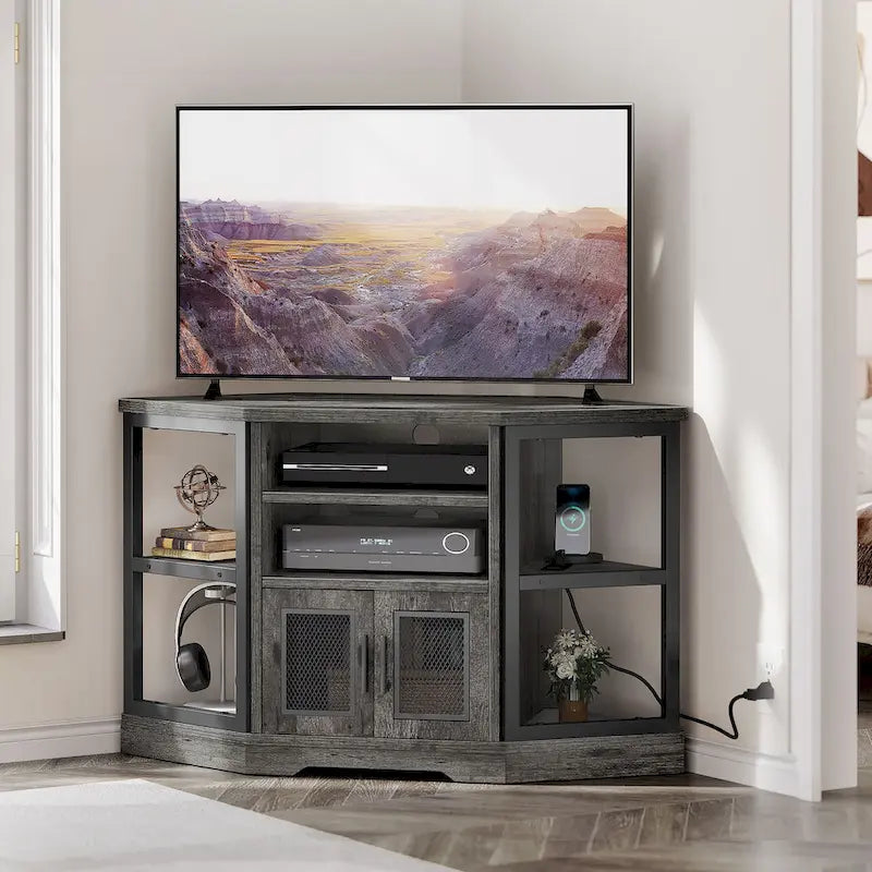 Farmhouse Corner TV Stand with Power Outlets, USB Ports and Mesh Soft-Close Doors – Grey Oak, Fits TVs up to 55", 1-Person Use