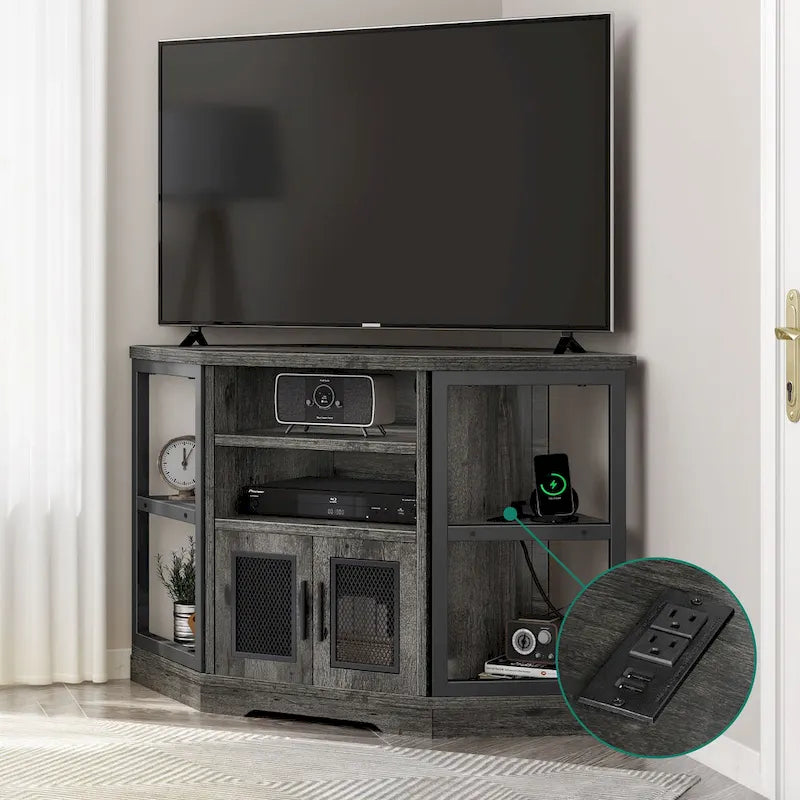 Farmhouse Corner TV Stand with Power Outlets, USB Ports and Mesh Soft-Close Doors – Grey Oak, Fits TVs up to 55", 1-Person Use