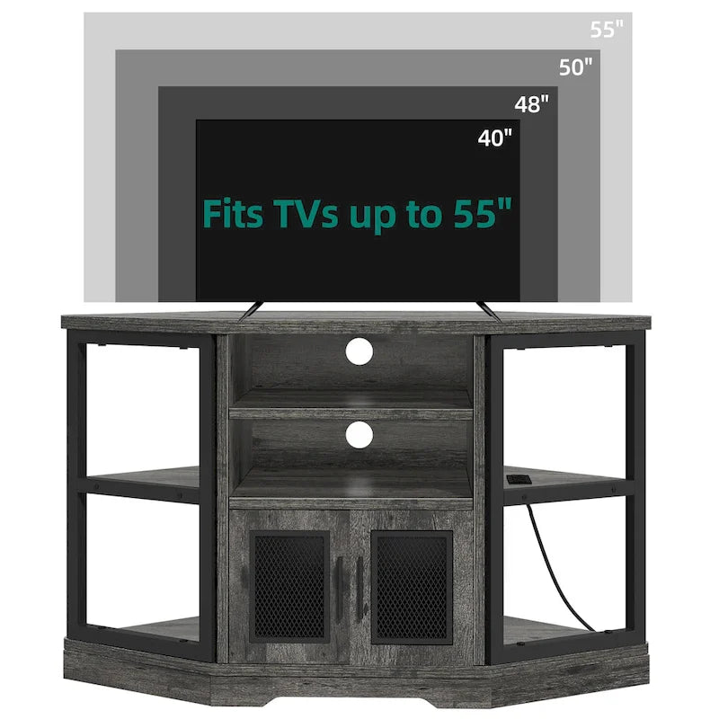 Farmhouse Corner TV Stand with Power Outlets, USB Ports and Mesh Soft-Close Doors – Grey Oak, Fits TVs up to 55", 1-Person Use