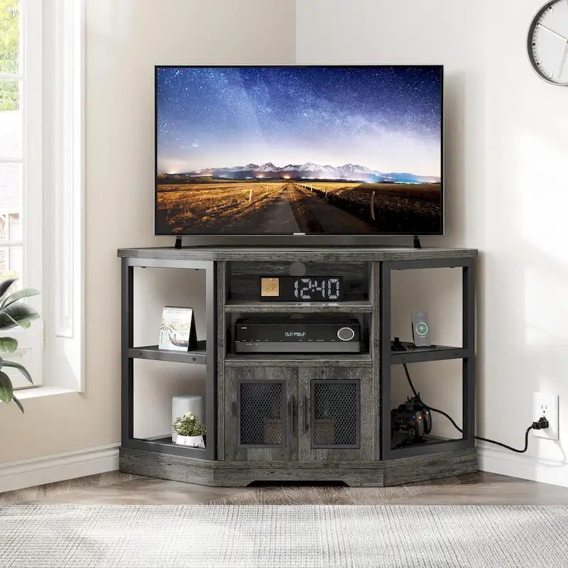 Farmhouse Corner TV Stand with Power Outlets, USB Ports and Mesh Soft-Close Doors – Grey Oak, Fits TVs up to 55", 1-Person Use