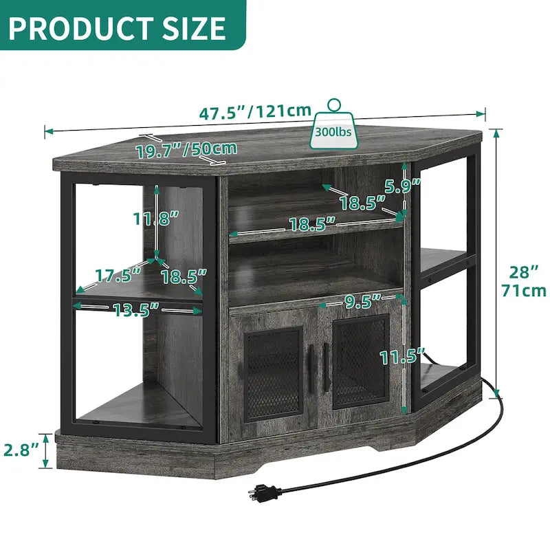 Farmhouse Corner TV Stand with Power Outlets, USB Ports and Mesh Soft-Close Doors – Grey Oak, Fits TVs up to 55", 1-Person Use