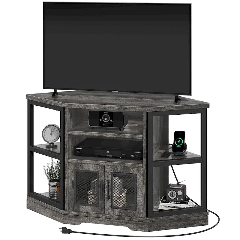 Farmhouse Corner TV Stand with Power Outlets, USB Ports and Mesh Soft-Close Doors – Grey Oak, Fits TVs up to 55", 1-Person Use