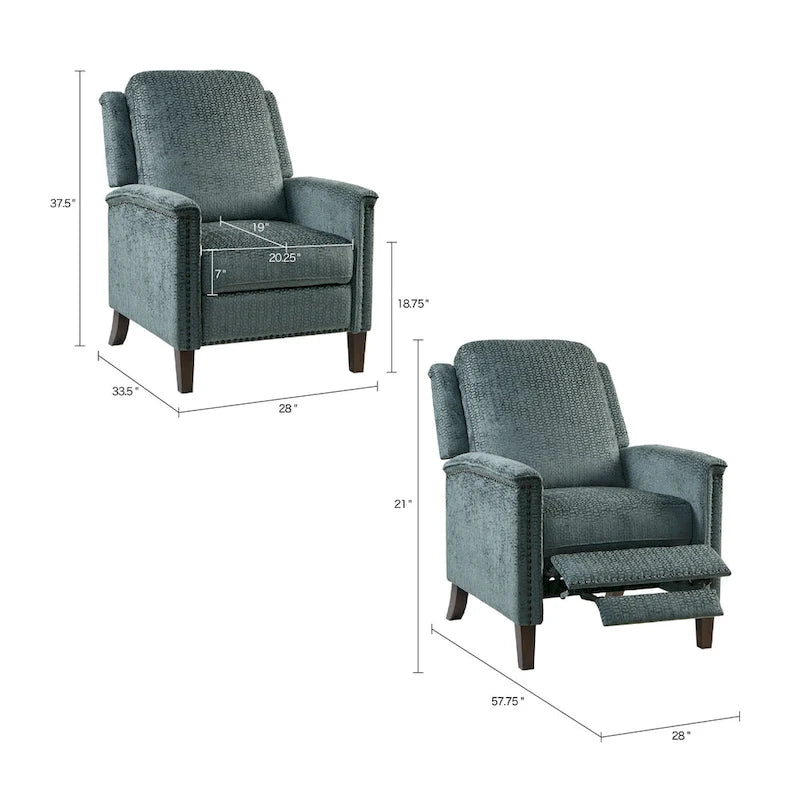 High-Back Push-Back Recliner Chair with Nailhead Trim – Grey, 1-Person Use