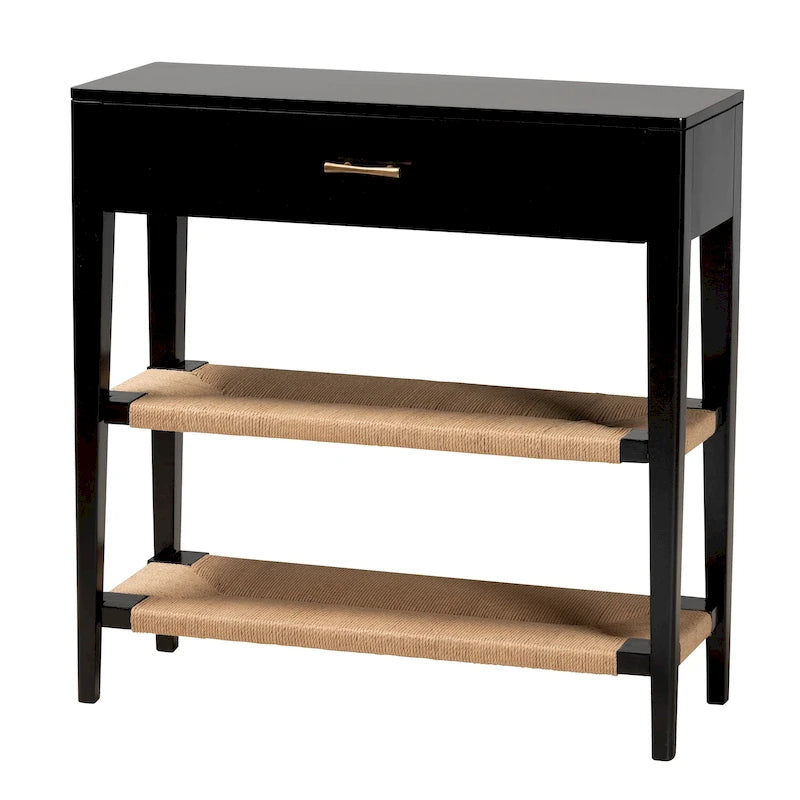 Bayur Wood Console Table with Drawer and Woven Rope Shelves – Black / Natural Brown / Brass, 1-Unit